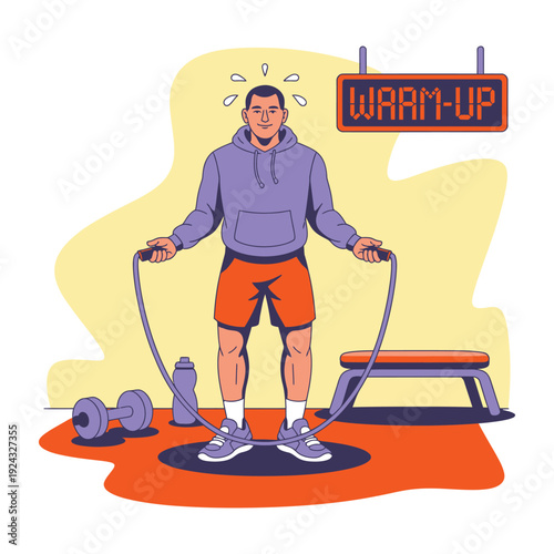 A man warms up with a jump rope in a gym setting.