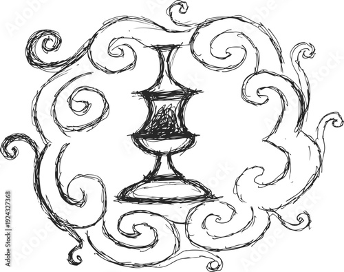 Decorative vintage urn surrounded by swirling ornamental flourishes in black sketch