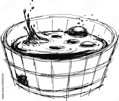 Wooden barrel filled with splashing water and floating stones rustic container with liquid and natural elements