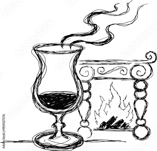 Hot beverage in a glass cup with steam near decorative fireplace silhouette drawing
