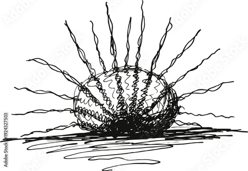 hand drawn rising sun sketch with rays shining over horizon in black ink illustration