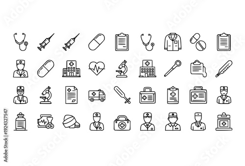 30 Minimalist Doctor Outline Icons – Medical Vector Line Art on White Background