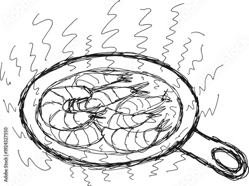Shrimp being cooked in a frying pan with steam rising, sketch illustration