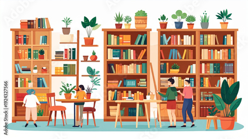 Wooden Bookshelves Collection with Books and Plants – Home Library Vector Set