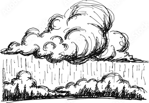 Hand drawn black and white rain cloud sketch with heavy rainfall over landscape and bushes