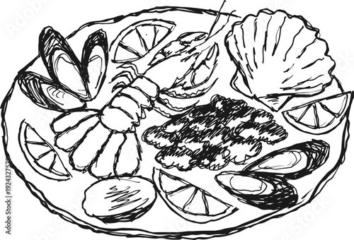 Seafood platter with lobster, mussels, scallop, lemon slices and garnish on a round plate