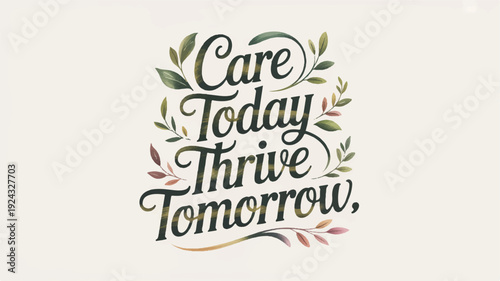 Elegant typographic design with care today thrive tomorrow text and leafy wreath on beige background