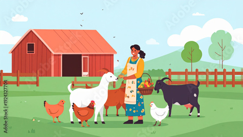 Farmers Feeding Farm Animals – Rural Agriculture Vector Illustration