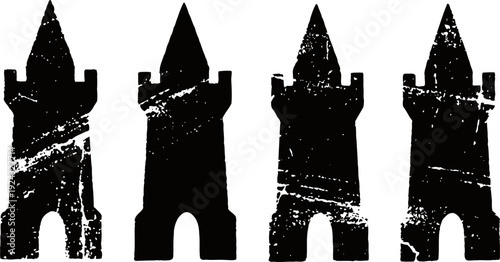 grunge black castle tower silhouettes with pointed roofs and arched doorways in row