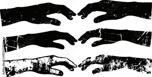 grunge distressed hands reaching out with fingers extended, silhouette artwork