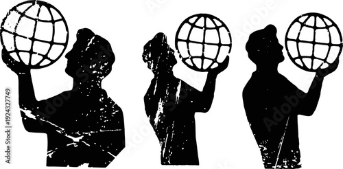 silhouettes of individuals holding globe models representing global unity and environmental responsibility
