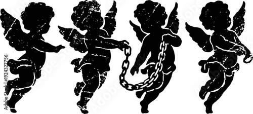 Four black silhouette cherubs with wings, one holding a chain, vintage angelic figures in flight