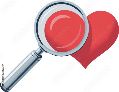 Magnifying glass examines heart symbol inspection concept love and care