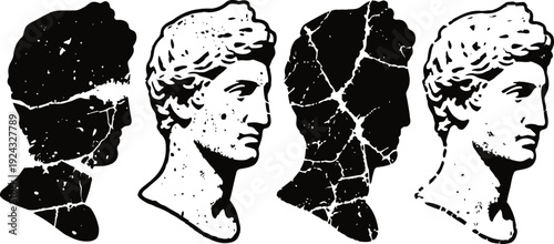 ancient classical sculptures of male busts showing profile and silhouette views with cracks