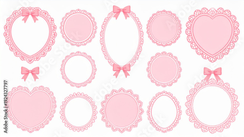 Elegant Pink Lace Frame Set with Hearts and Bows – Vintage Romantic Vector