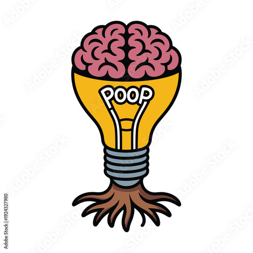 A lightbulb filled with a brain and the word poop symbolizes bad ideas.