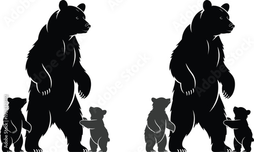Grizzly Bear Mother with Cubs Silhouette Set Isolated on White Background, Wildlife Family Illustration Symbolizing Nature, Protection, Parenthood and Forest Animal Concept