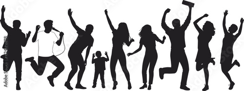 Group of Dancing People Silhouettes with Singer and Jumping Crowd Celebrating Music Party Event, Youth Celebration Concept Isolated on White Background