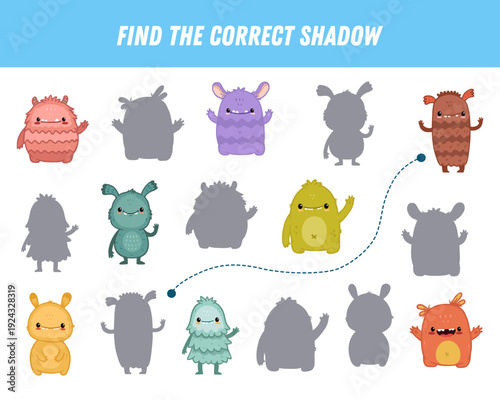 Find correct shadow of monsters. Educational logical game for kids. Cartoon monster. Halloween game. Vector illustration