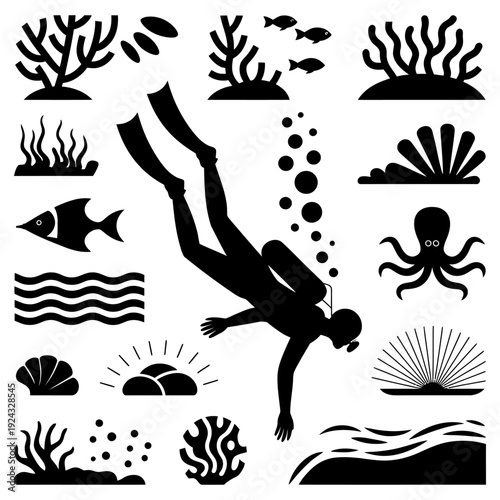 Collection of isolated silhouette icons depicting scuba divers and underwater elements like coral, fish, octopus and waves for graphic design and web elements