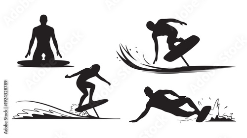 Vector Illustration Of Silhouette Surfers In Various Actions On Water For Sports And Adventure Concepts