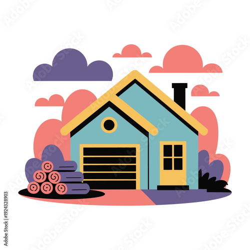 A stylized house with a garage and firewood, under a cloudy sky.