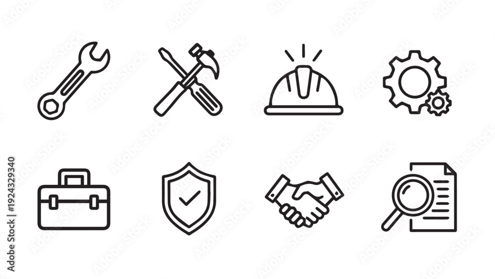 Fototapeta premium Collection of Service and Business Icons: Tools Security Collaboration and Research