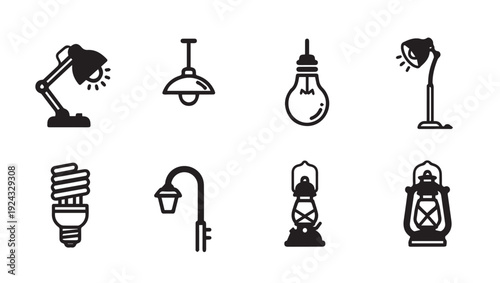 Collection of Lighting Icons: Lamps Bulbs and Lanterns Vector Style