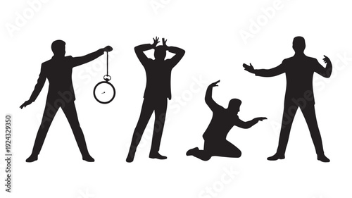 Vector Illustration Of Four Silhouetted Men In Various Frustrated Poses With One Holding A Stopwatch On White Background For Time Management And Stress Concept