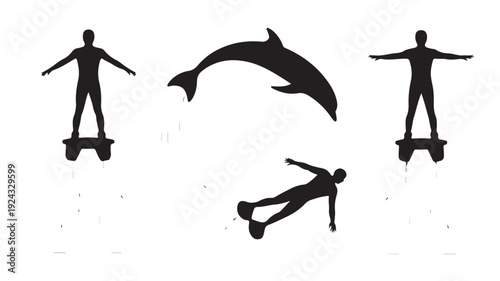 Vector Illustration Of People Riding Hoverboards And A Dolphin For Technology And Fun Concept