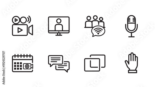Communication and Media Icons: Video Online Meeting Chat Calendar Microphone Hand