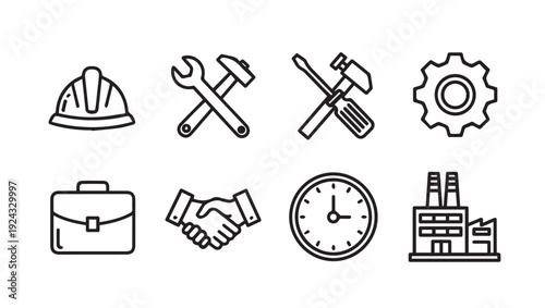 Construction Industry Icons: Hard Hat Tools Briefcase Handshake Clock Factory Gear