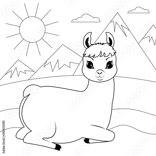 Farm animals. Cute farm. A llama lies against a backdrop of mountains. Coloring page template for kids. Editable vector