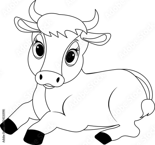Farm animals. Cute farm. The cute cow is lying down. Coloring page template for kids. Editable vector
