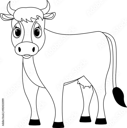 Farm animals. Cute farm. The cow is standing. Coloring page template for kids. Editable vector