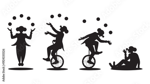 Vector Illustration Of Silhouette Circus Performer Juggling Balls In Various Poses For Entertainment And Skill Concept
