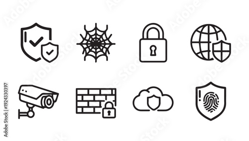 Cybersecurity Icons Collection: Protection Network Lock Globe Camera Firewall Cloud Fingerprint