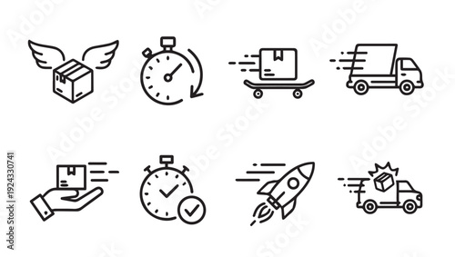Delivery Icons: Package Stopwatch Skateboard Truck Rocket Hand CheckmarkLine Art Style