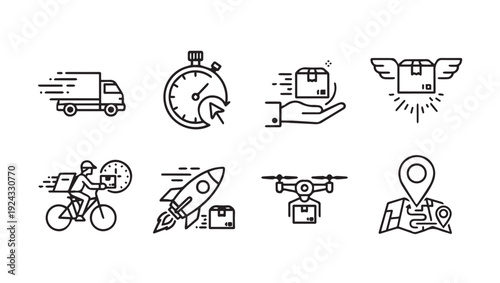 Delivery Icons Set: Truck Stopwatch Hand Rocket Drone Map Bicycle Box