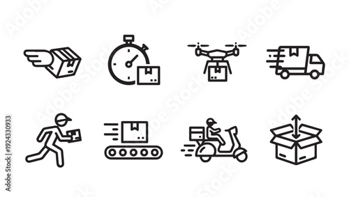 Delivery Services IconsExpress Shipping Drone Truck Scooter Conveyor Runner