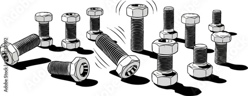 Bolt and nut collection. Includes various metal bolts and nuts in different configurations. Created in black and white line art style with shadows.