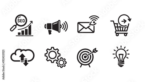Digital Marketing Icons Set: SEO Megaphone Email Shopping Cart Cloud Gears Target Lightbulb
