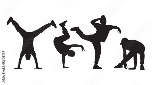 Vector Illustration Of Four Silhouette Dancers Performing Various Breakdancing Moves On White Background For Dance And Fitness Concepts