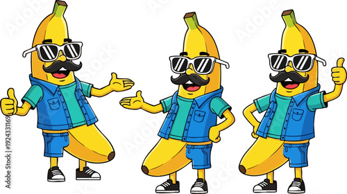 Cartoon banana character with mustache and sunglasses in three poses. Includes banana wearing blue shirt, denim vest, shorts, and sneakers, gesturing, presenting