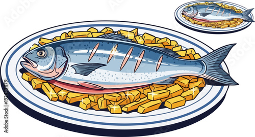 Grilled whole fish with french fries on a plate. Detailed vector illustration of cooked sea bass or similar fish served with golden fried potatoes