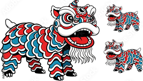 Chinese Lion Dance vector illustration. Traditional cultural performance with a stylized lion costume. Created in a cartoon style with red, blue, and white colors.