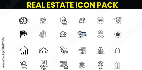 Modern Real Estate Outline Icon Collection – Editable Stroke Linear Property Icons for House, Realtor, Investment, Building, Map Location Vector Illustration Design Pack