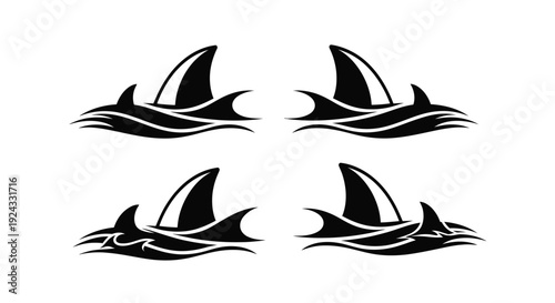 Four stylized shark fins emerge above ocean waves.