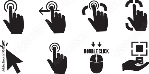 Black and white computer mouse and hand for clicking and scrolling actions