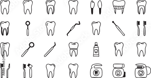 Black and white dental including teeth toothbrushes toothpaste and tools dental teeth dental tools